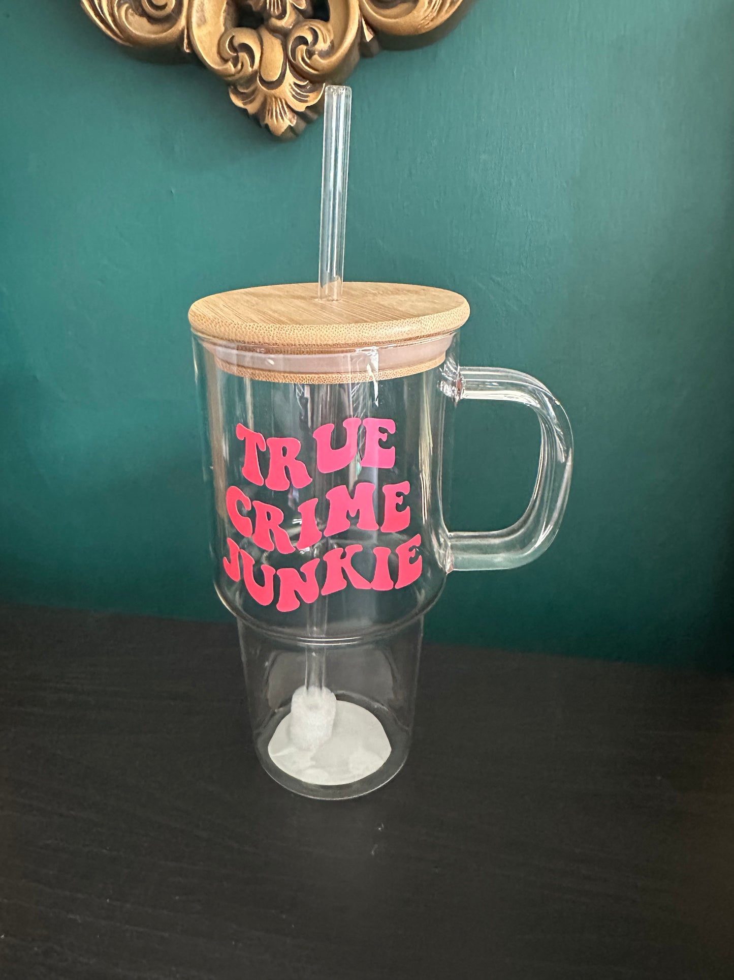 True Crime Junkie glass tumbler