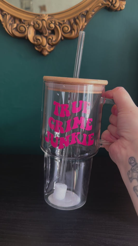 True Crime Junkie glass tumbler